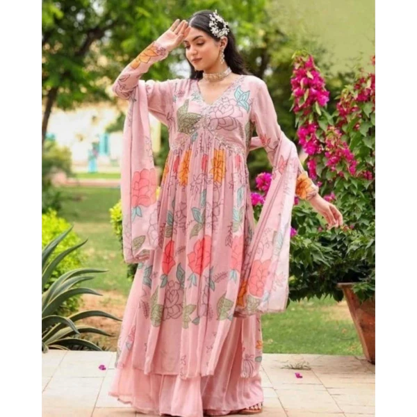 Georgette Kurti with Plazzo and Dupatta featuring Thread and Mirror Work