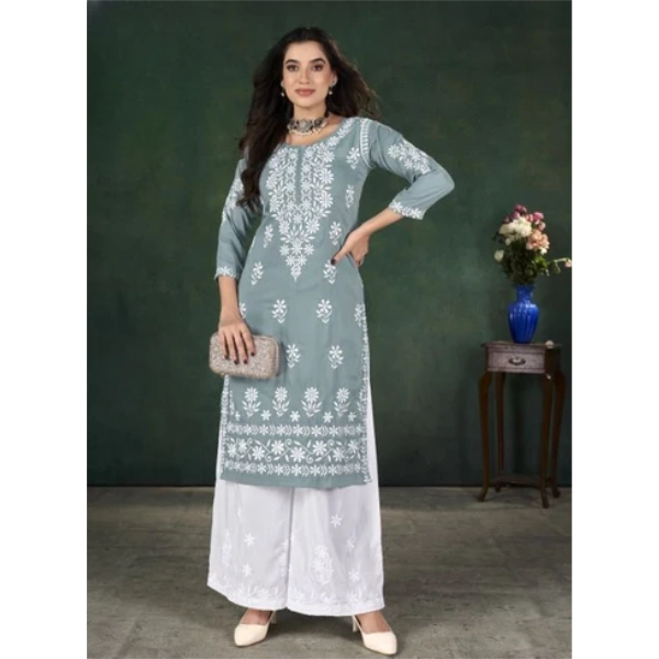 "Chikankari Embroidery Kurti with Plazzo Set in Heavy Muslin Fabric - 2-Piece Stylish Outfit"