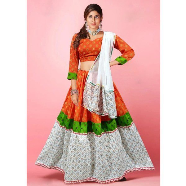 "Lehenga Choli in Mona Satin with Dupatta Crafted from Chanderi Fabric"