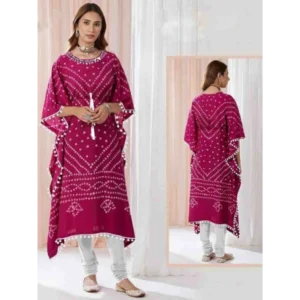 "Bandhani Kaftan in Muslin Fabric with Mirror Work Neckline and Matching Leggings"