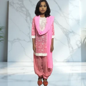 Cotton kurti set for kids with detailed neckline and matching dupatta