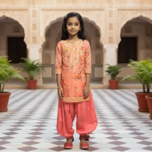 Vibrant Deep Peach Churidar Attire for Girls