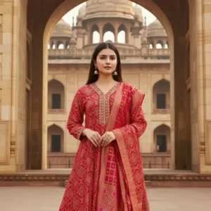 Red Bandhani Design Anarkali with Ari Work Neck and Elegant Dupatta