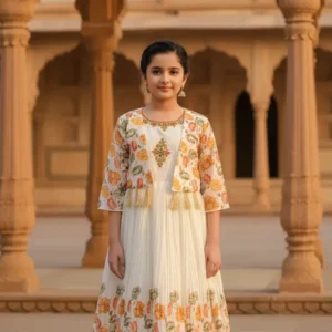 Cream Gold Gown with Floral & Matching Waistcoat