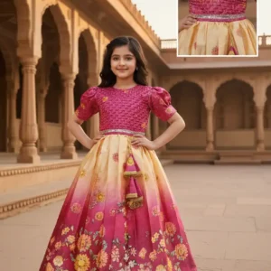 Rani Pink Ethnic Gown with Pale Peach Contrast | Party Wear Dress