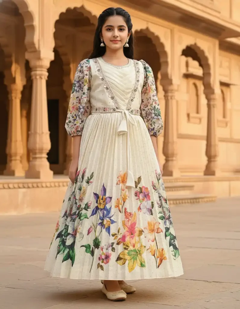 Stylish Cream Gown with Mirror Embellished Chest & Border