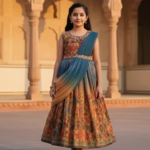 Stylish Gown with Mirror Detailing on Neck & Waist – Drape Style Dupatta Look