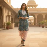 Peacock Green Muslin 2-Piece Kurti Set with Lace Neck Detailing