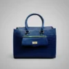 Blue crocodile-embossed genuine leather handbag with gold-tone hardware and a structured, designer silhouette.