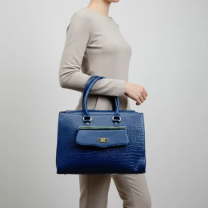 Blue crocodile-embossed genuine leather handbag with gold-tone hardware and a structured, designer silhouette.