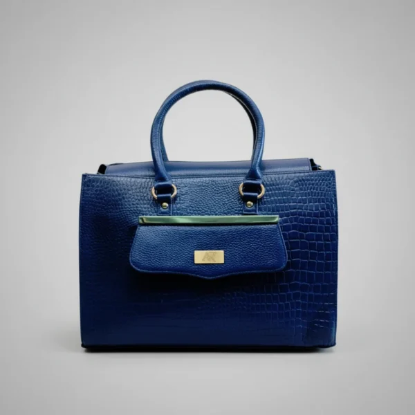 Blue crocodile-embossed genuine leather handbag with gold-tone hardware and a structured, designer silhouette.