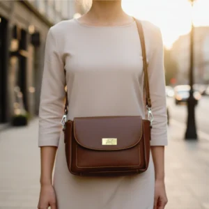 Compact caramel brown genuine leather flap bag with grain texture and long adjustable shoulder strap