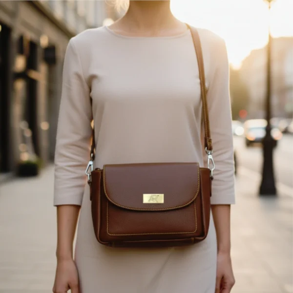 Compact caramel brown genuine leather flap bag with grain texture and long adjustable shoulder strap