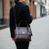 Cognac Crocodile-Embossed Genuine Leather Handbag with Flap and Long Vertical Straps