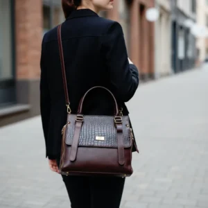 Cognac Crocodile-Embossed Genuine Leather Handbag with Flap and Long Vertical Straps