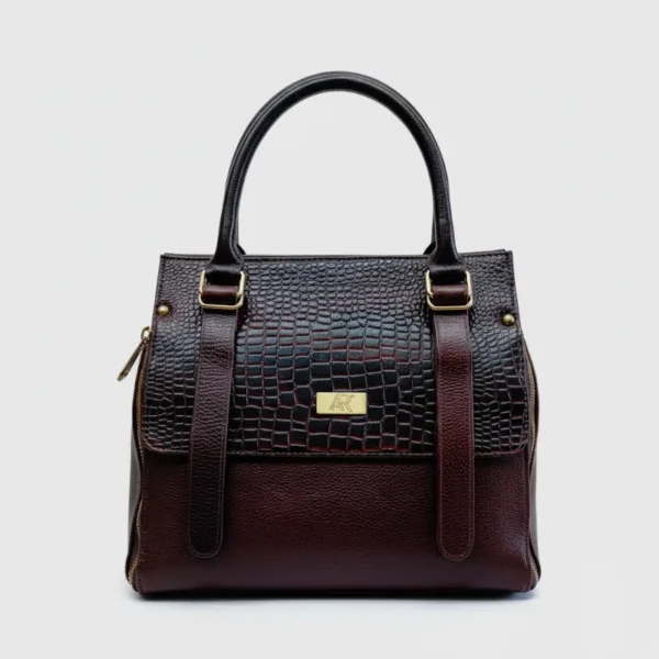 Cognac Crocodile-Embossed Genuine Leather Handbag with Flap and Long Vertical Straps