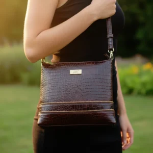 Dark cherry brown genuine leather handbag with crocodile-embossed texture and elegant structured design