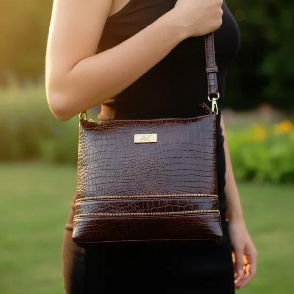 Dark cherry brown genuine leather handbag with crocodile-embossed texture and elegant structured design