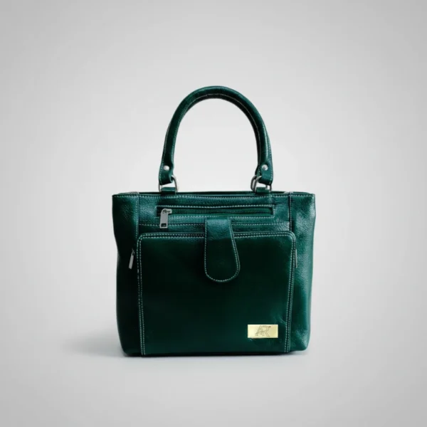 Forest green premium leather handbag with white contrast stitching, structured design, and elegant everyday style