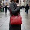 Coral Red Crocodile-Embossed Leather Handbag