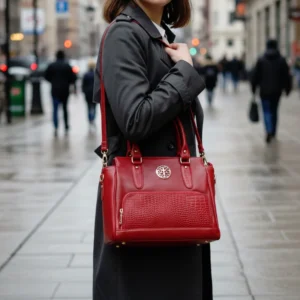Coral Red Crocodile-Embossed Leather Handbag