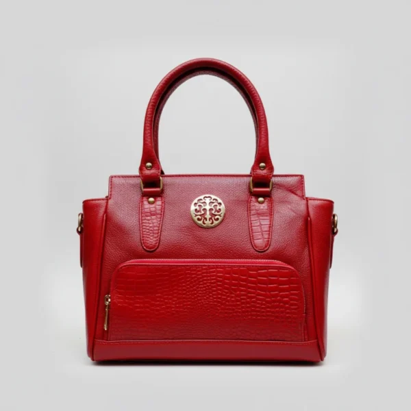 Coral Red Crocodile-Embossed Leather Handbag
