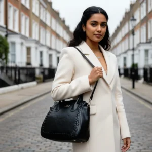 Black braided genuine leather handbag with a designer look, featuring a stylish structured shape and elegant detailing.