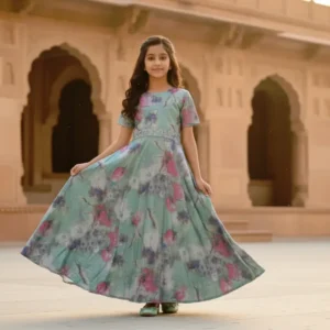 Imported Green Glow Gown with Waist Belt Detailing | Elegant Party Wear Dress