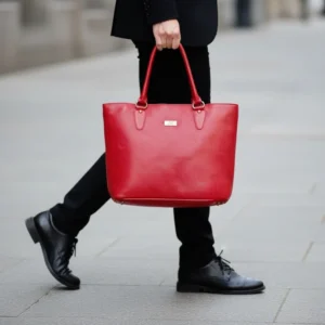 Ruby red genuine leather tote bag with classic elegant design and structured silhouette
