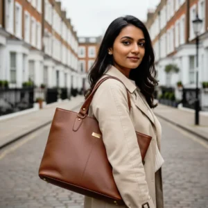 Brown genuine leather tote bag with natural grain texture, featuring a spacious design for elegant everyday use.